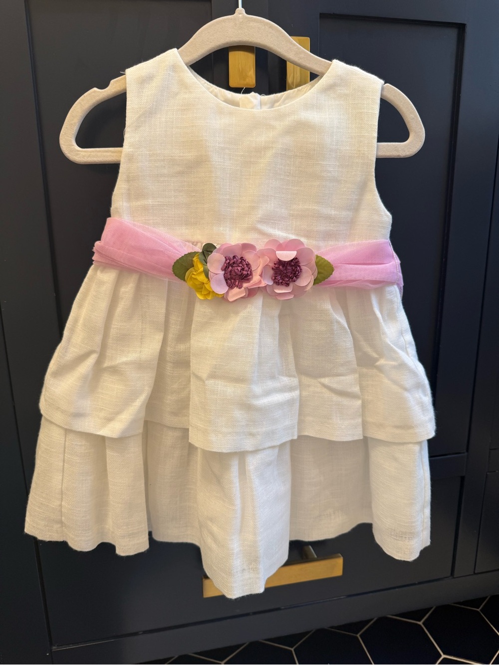 Mayoral White Girls' Tiered Dress with Pink Floral Sash